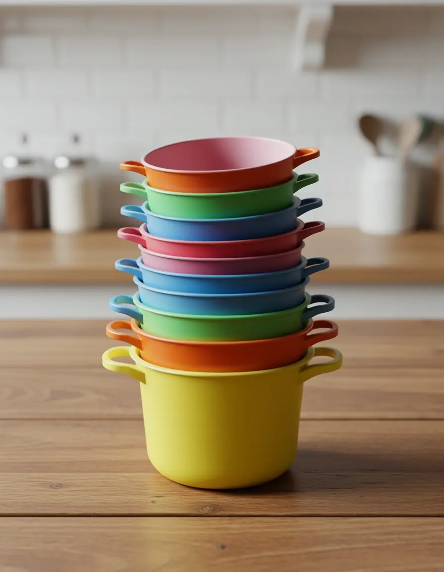 Set de 5 tazas medidoras de plástico de colores apiladas en una mesa de cocina