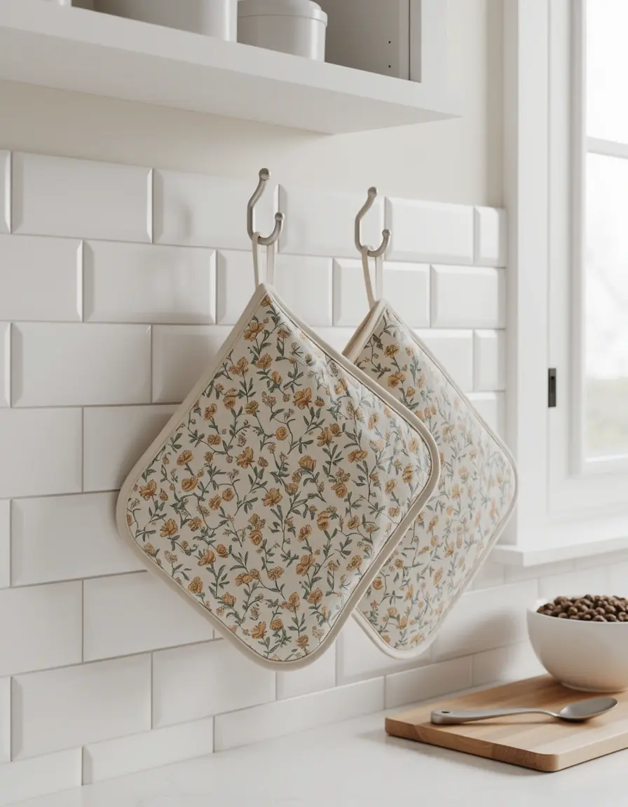 Set de 2 agarradores de algodón con patrón decorativo colgados en la cocina