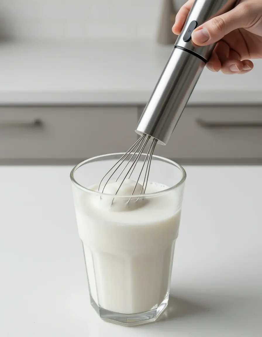 Espumador de leche de mano batiendo leche en un vaso de cristal