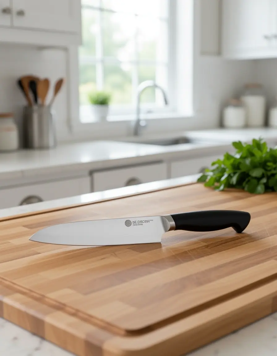 Cuchillo de chef de acero inoxidable de 8 pulgadas en tabla de madera