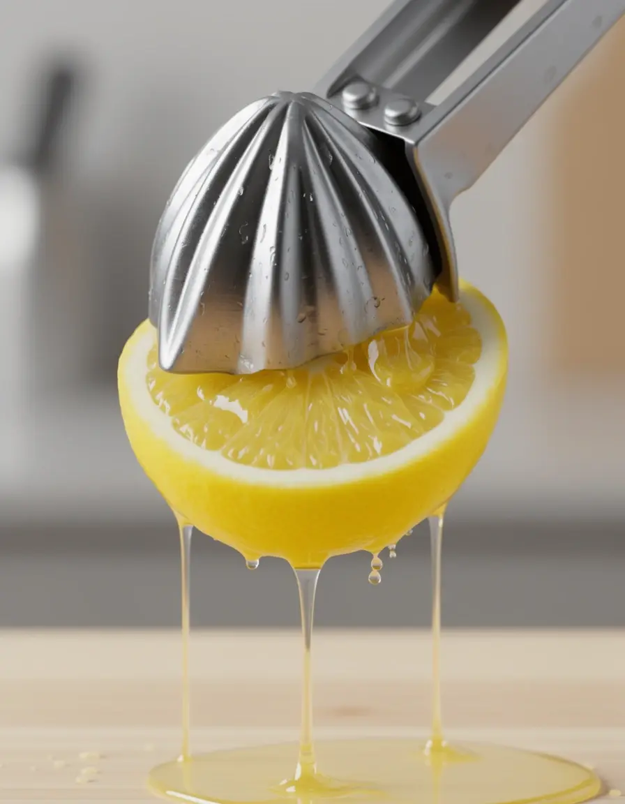 Exprimidor de limones de acero inoxidable exprimiendo una mitad de limón con gotas de jugo