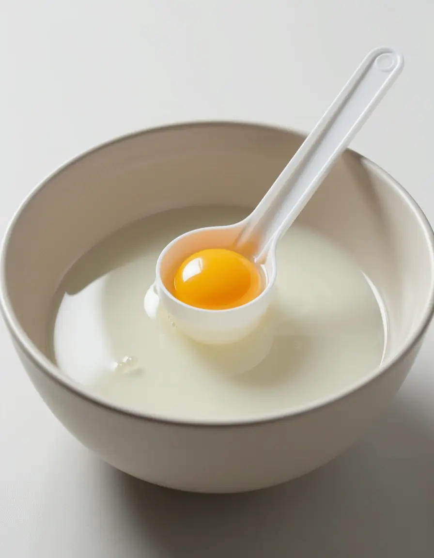 Separador de huevos de plástico separando la yema de la clara sobre un bol blanco