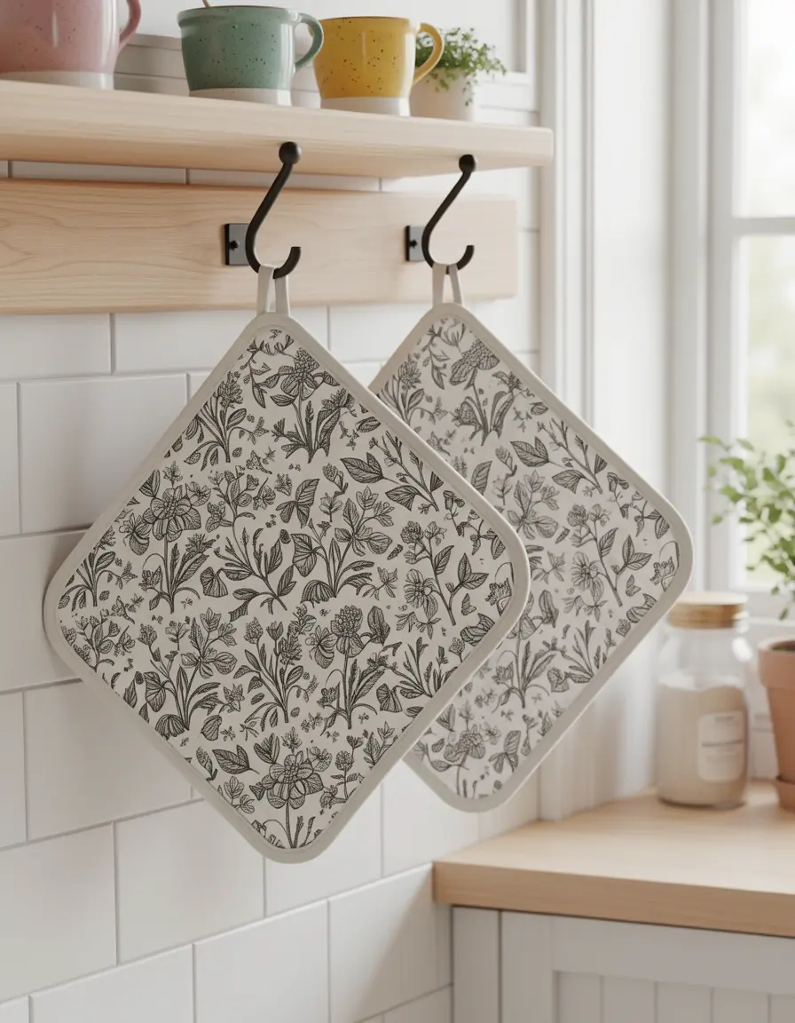 Set de dos agarraderas de algodón con patrón decorativo colgadas en la pared de la cocina