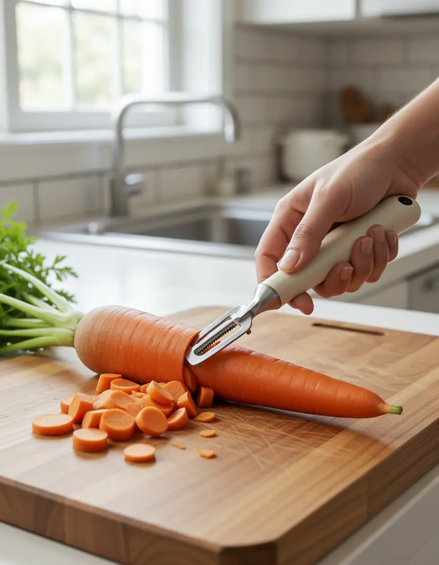 Pelador de verduras cerámico pelando una zanahoria en una cocina iluminada