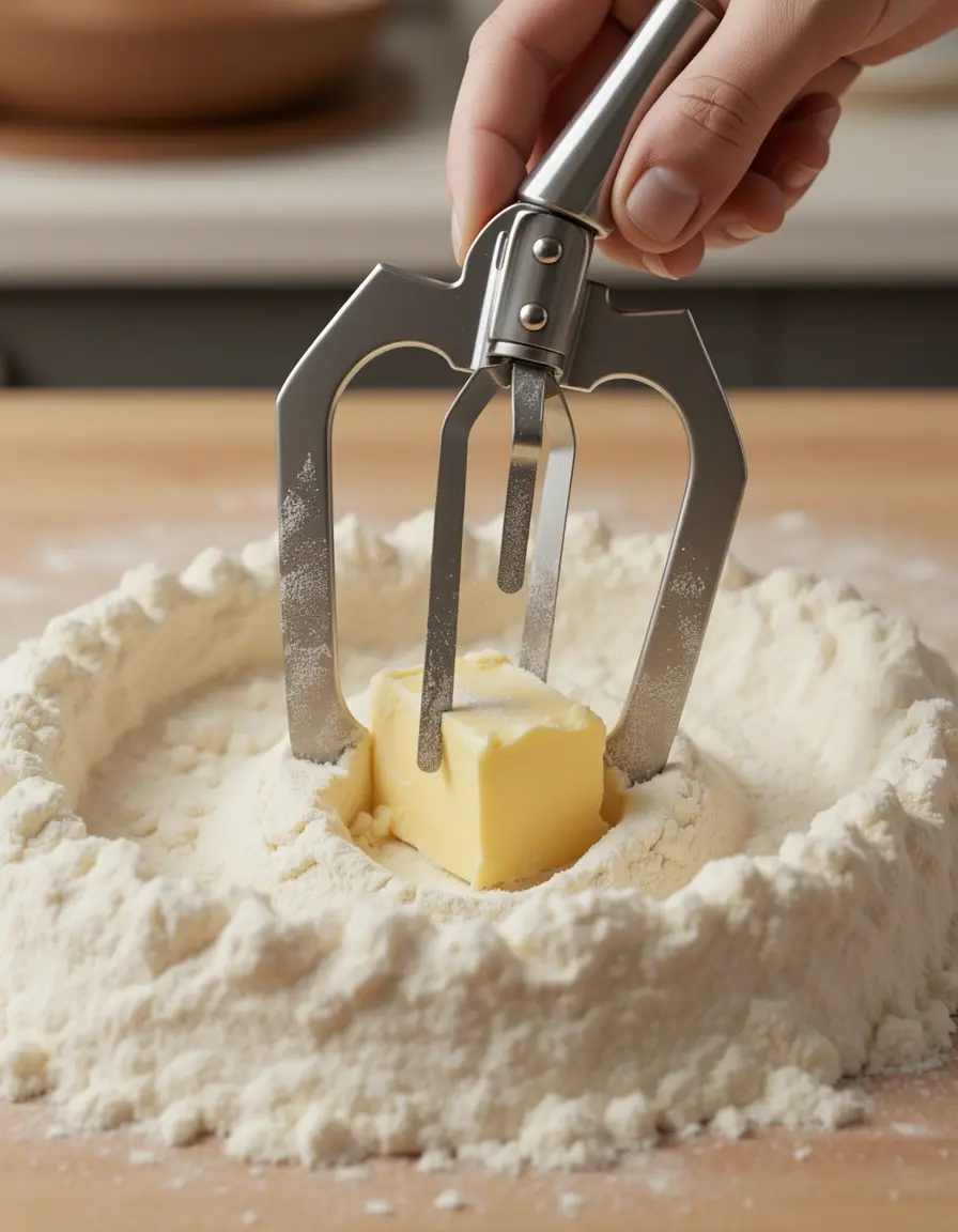 Mezclador de masa de acero inoxidable cortando mantequilla en harina