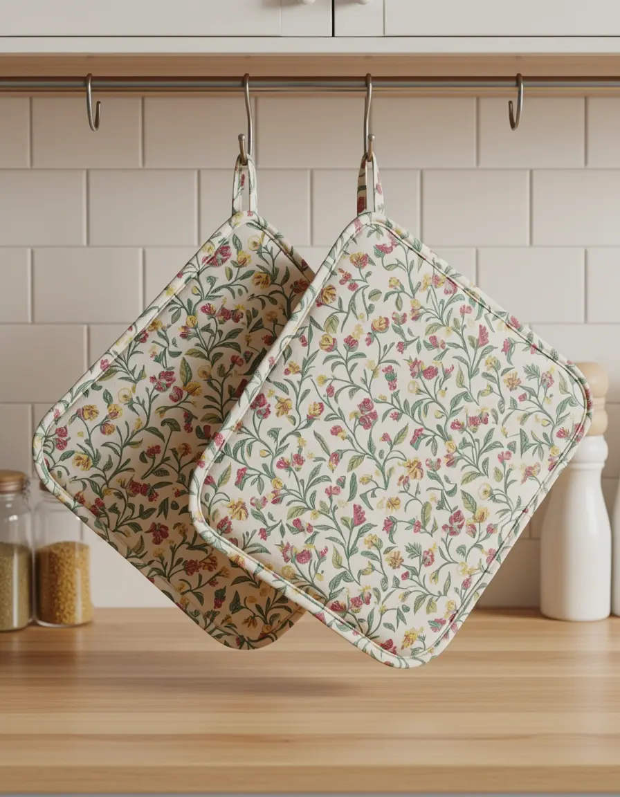 Set de 2 agarradores de algodón con patrón decorativo colgados en la cocina