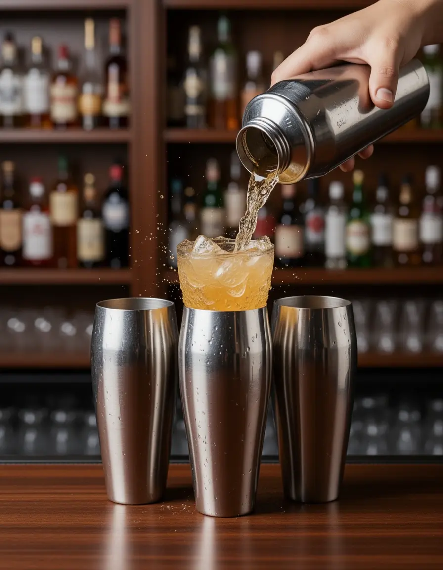 Set de coctelera de acero inoxidable de 3 piezas en una barra de bar elegante