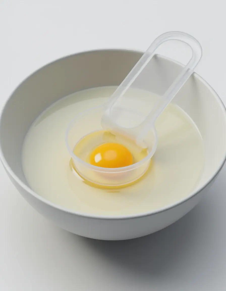 Separador de huevos de plástico separando la yema de la clara sobre un bol