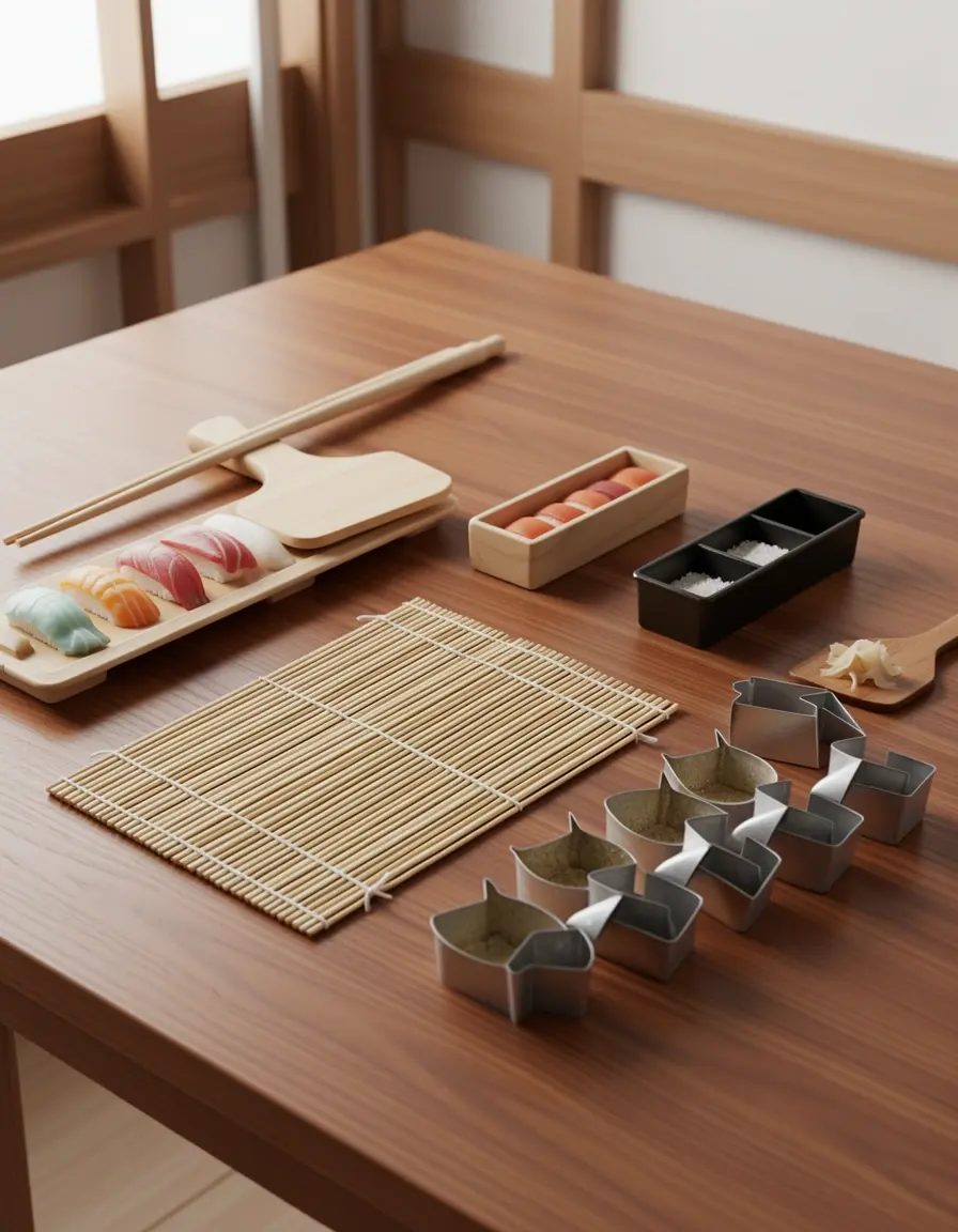 Kit de preparación de sushi de 10 piezas sobre una mesa de madera