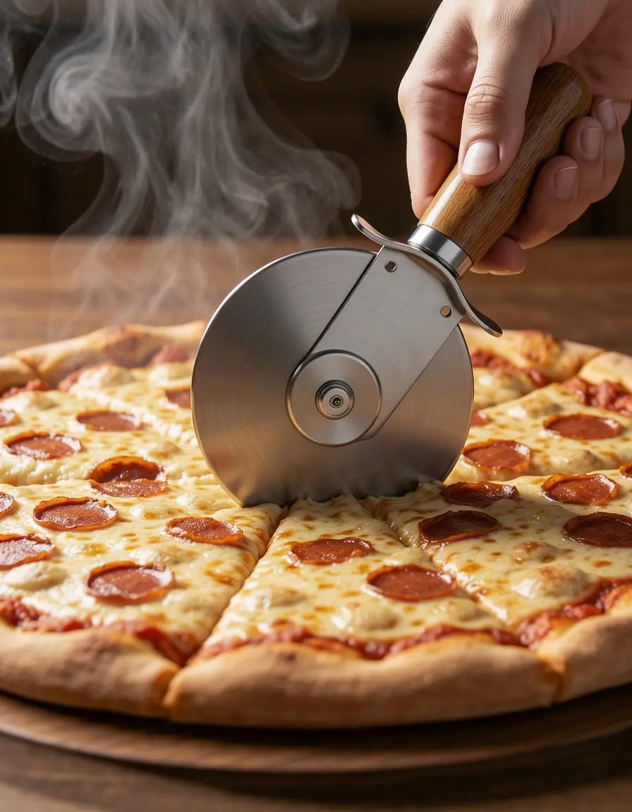 Cortador de pizza de acero inoxidable cortando una pizza recién horneada