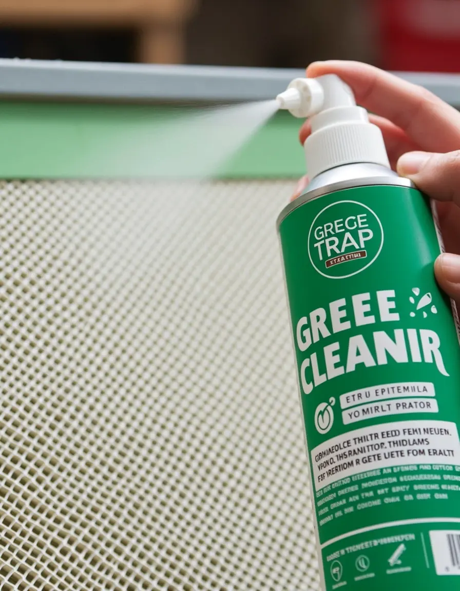 Spray limpiador de grasa aplicándose sobre un filtro de extractor cocina