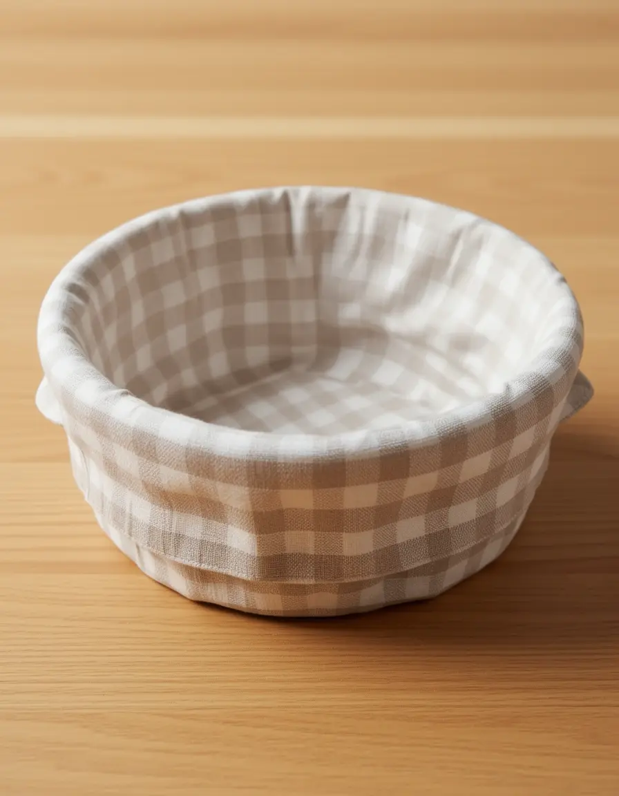 Funda de tela lavable para cesta de pan en mesa de cocina