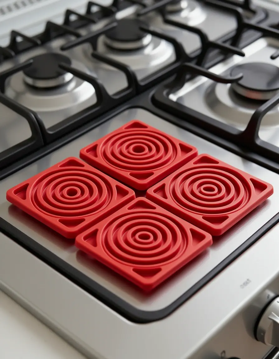 Protectores de silicona rojos para ollas en cocina de gas