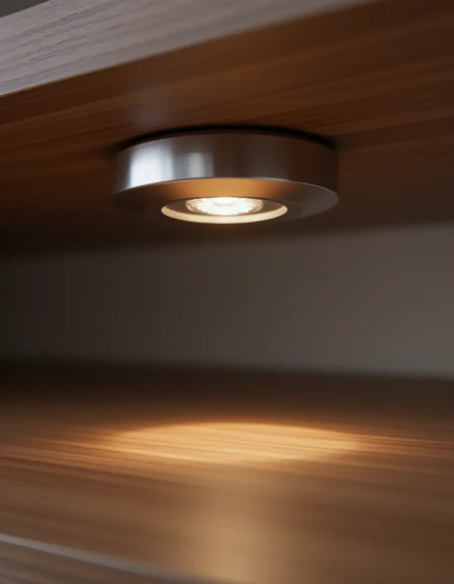 Luz LED tipo disco instalada bajo estante de armario cocina