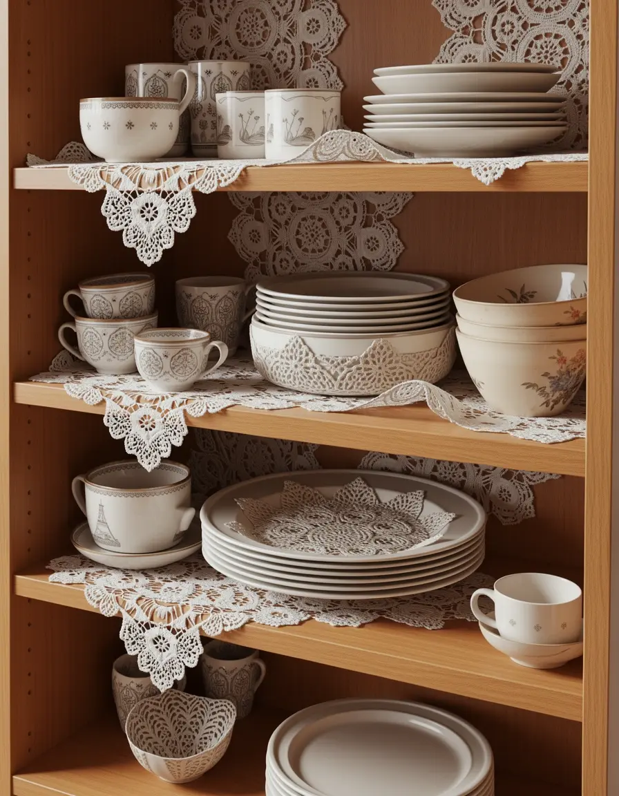 Paños o tapetes de encaje para estantes de cocina vintage
