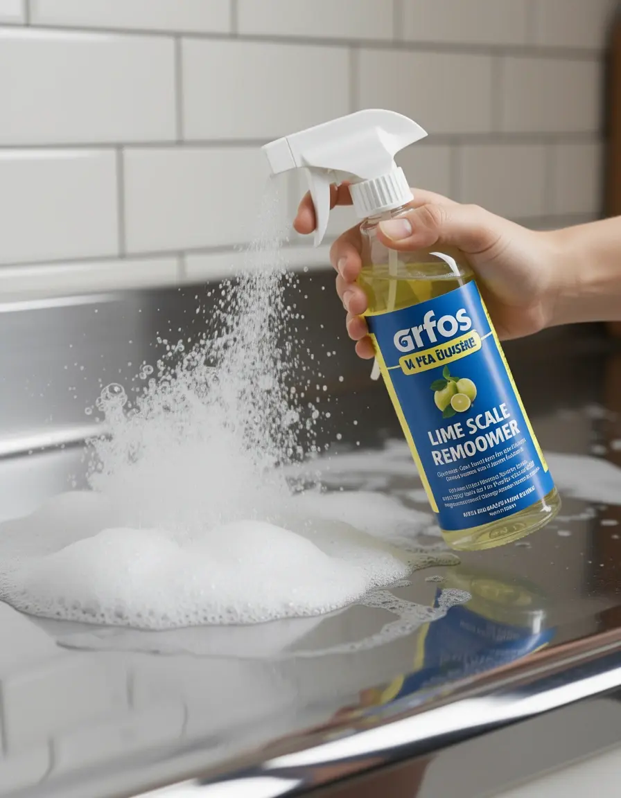 Spray limpiador de cal aplicado sobre grifería de cocina
