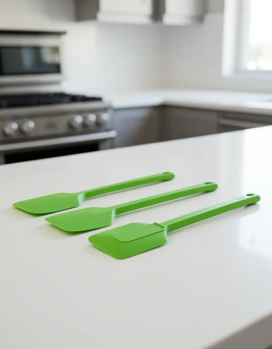 Set de espátulas de silicona verdes en una encimera moderna