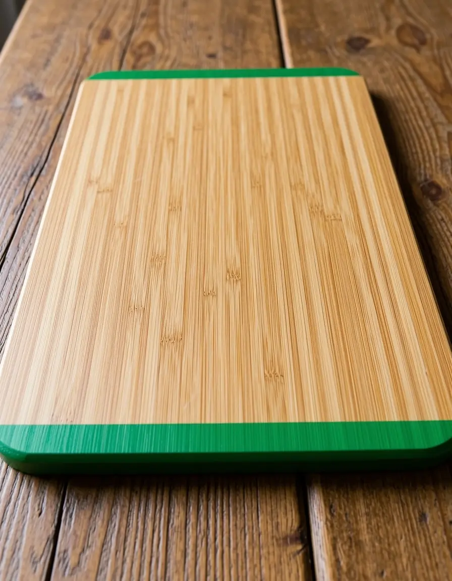 Tabla de cortar de bambú con bordes verdes sobre mesa de madera