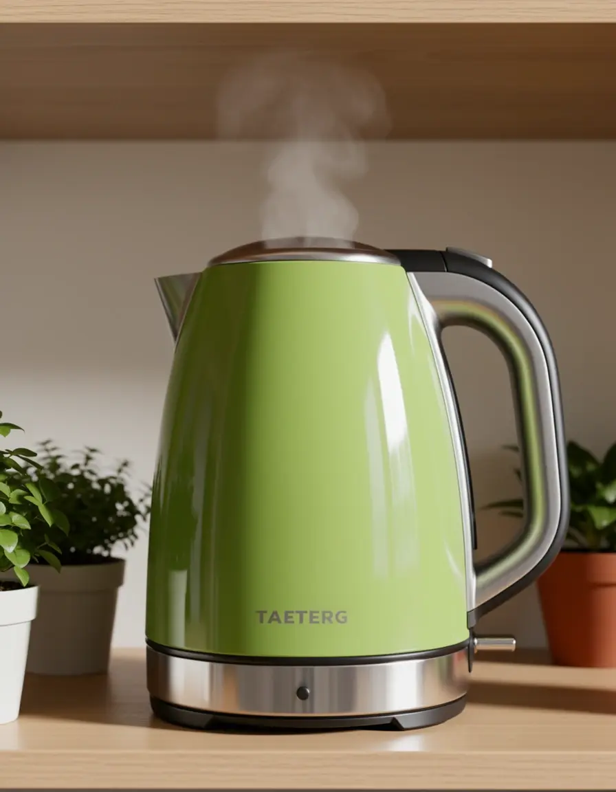 Hervidor eléctrico verde con detalles en acero inoxidable y vapor