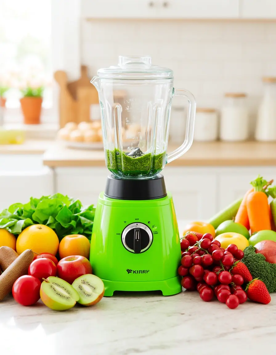 Batidora de vaso verde con frutas frescas alrededor