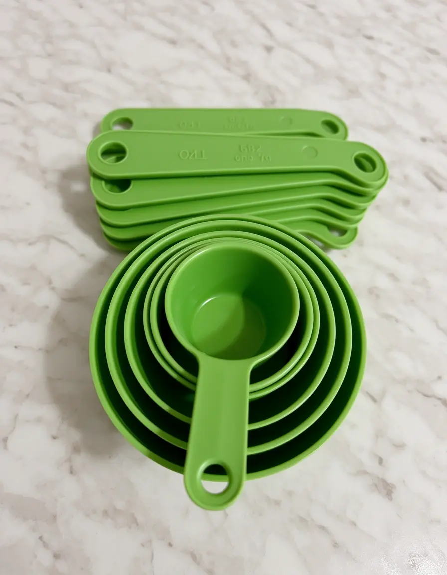 Tazas medidoras verdes apiladas sobre mármol