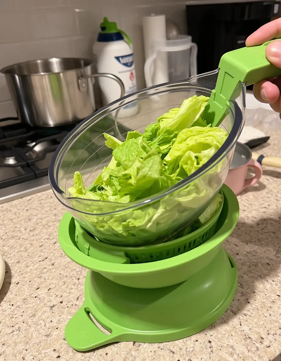 Centrifugadora de ensalada verde en uso