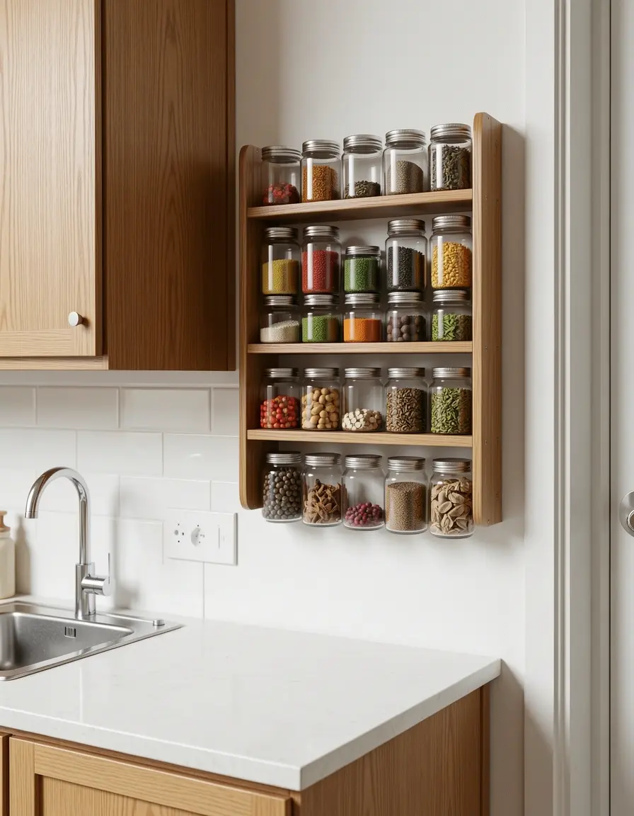 Compact Spice Rack montado en pared en cocina pequeña abierta