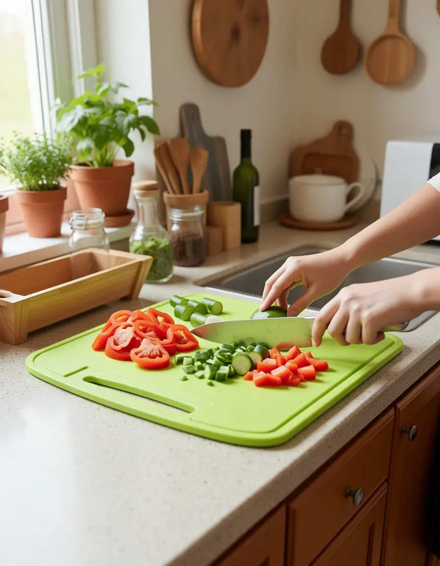 Tabla de cortar plegable siendo usada en cocina pequeña