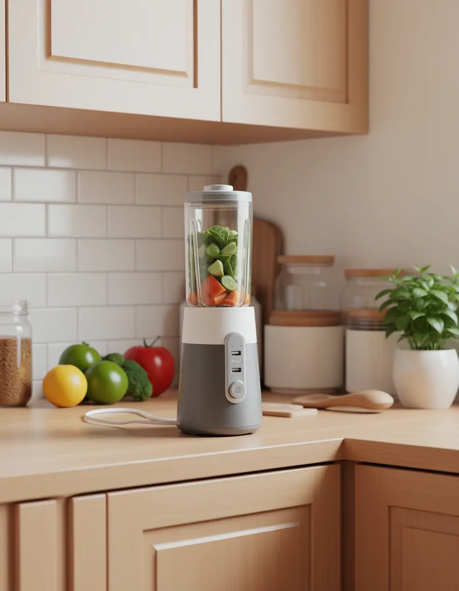 Batidora portátil USB en rincón de cocina