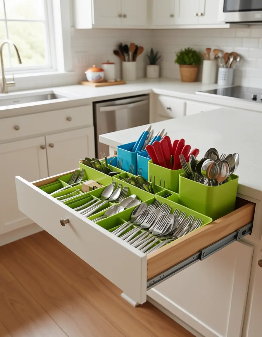 Organizador de cajones deslizante para utensilios en cocinas modernas