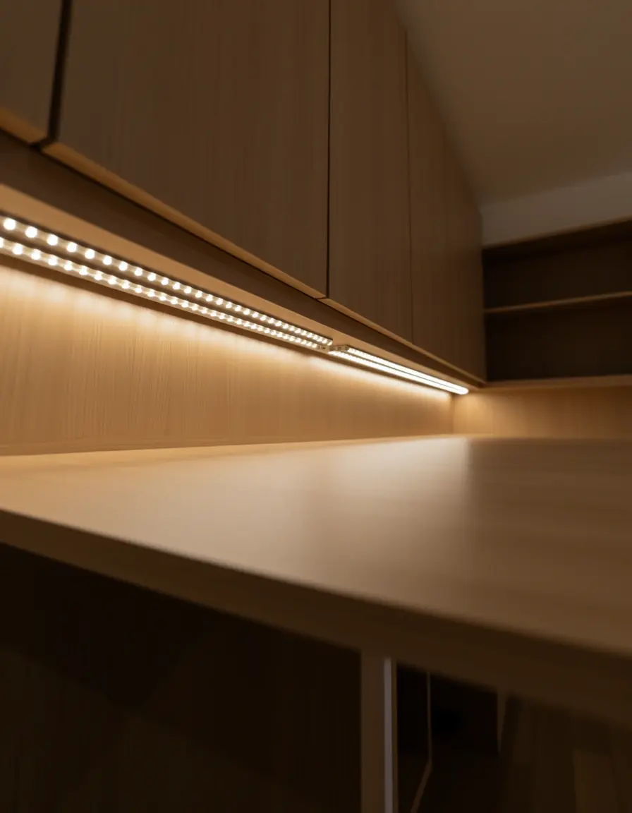 Tiras de luz LED bajo el armario para mejorar la visibilidad en cocinas en l