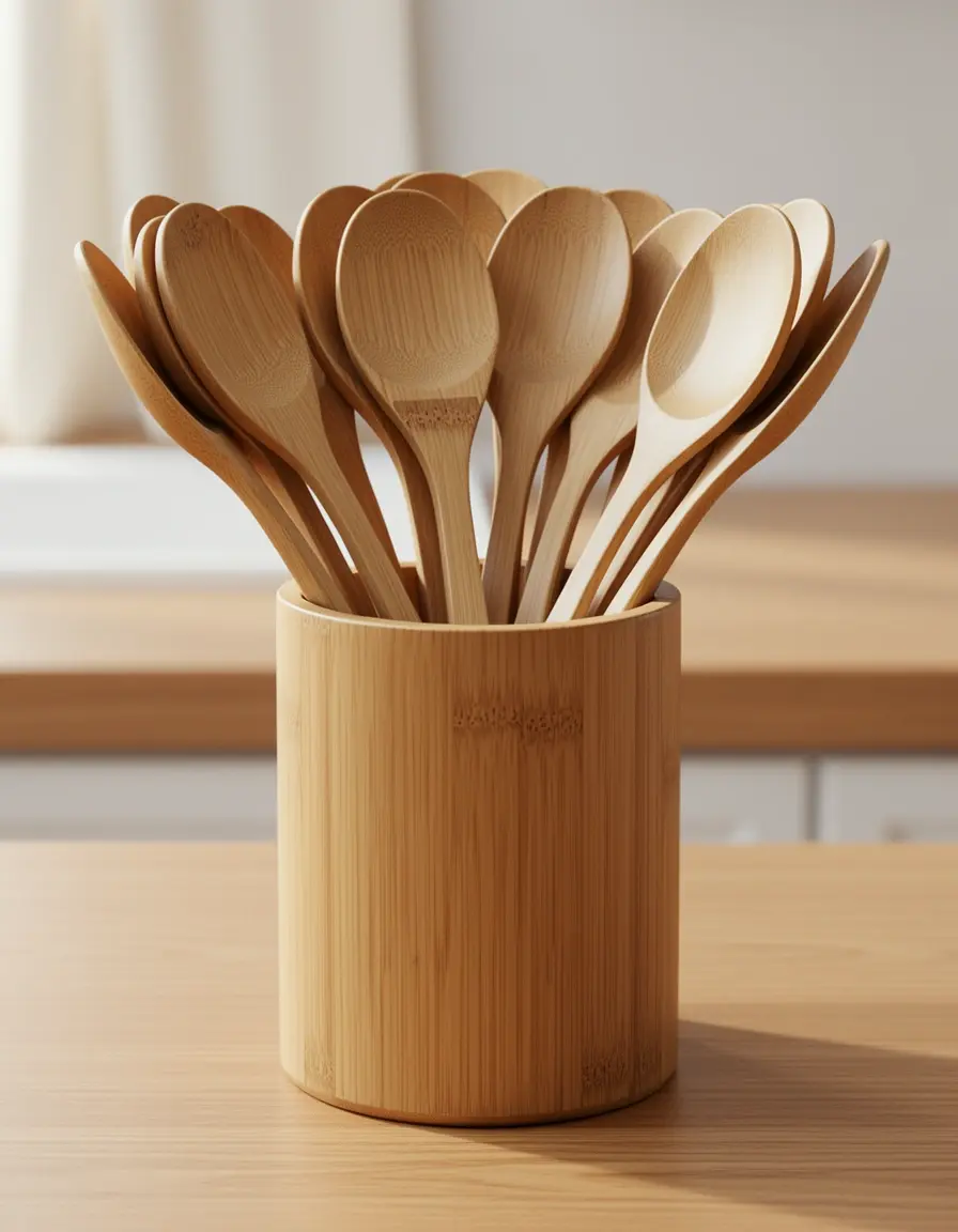 Set de cucharas de madera de bambú en un soporte sobre encimera