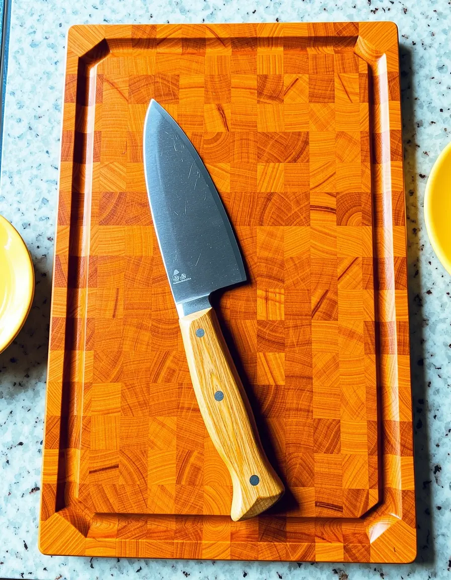 Tabla de cortar de madera grande con cuchillo profesional