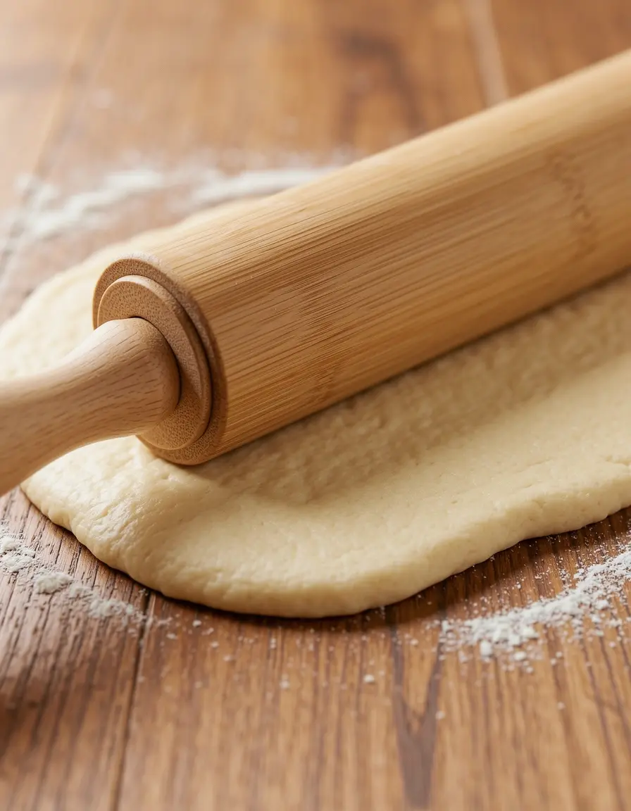 Rodillo de bambú estirando masa sobre superficie de madera