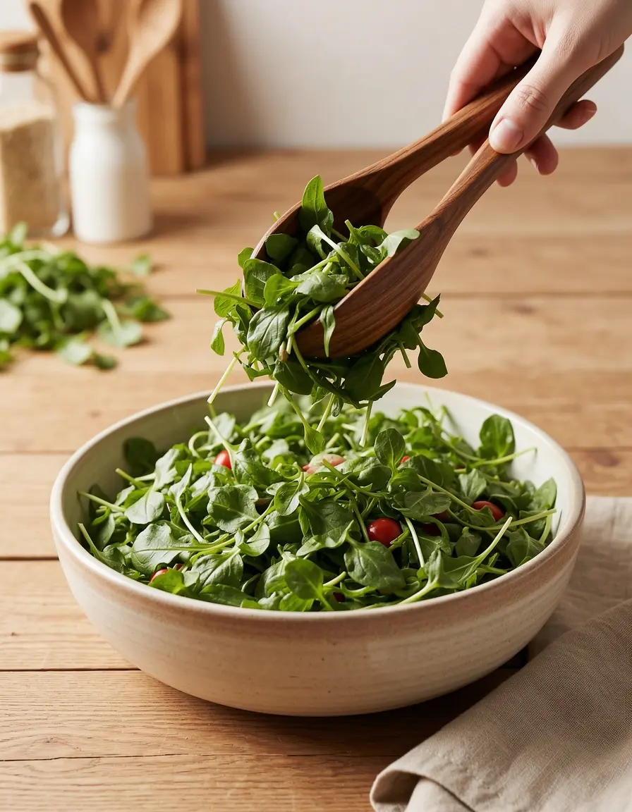 Pinzas de madera de olivo mezclando ensalada verde