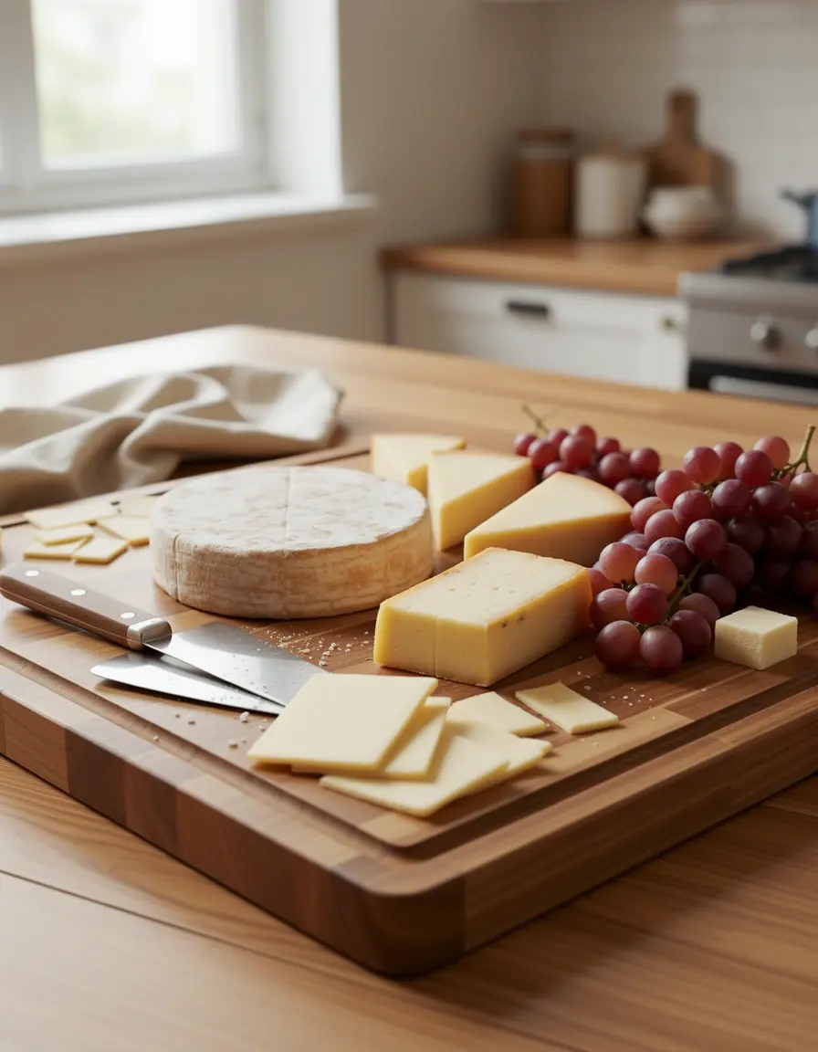 Tabla de quesos de madera con cortador y uvas