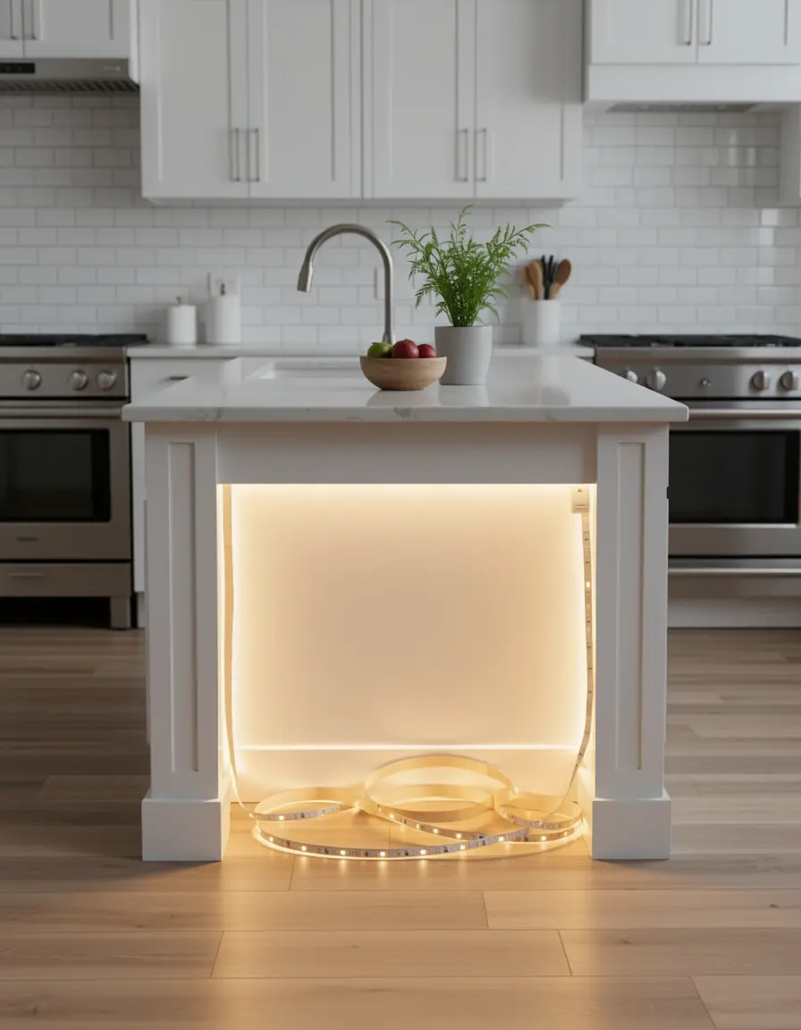 Tiras LED instaladas bajo la encimera de la isla de cocina creando un brillo cálido
