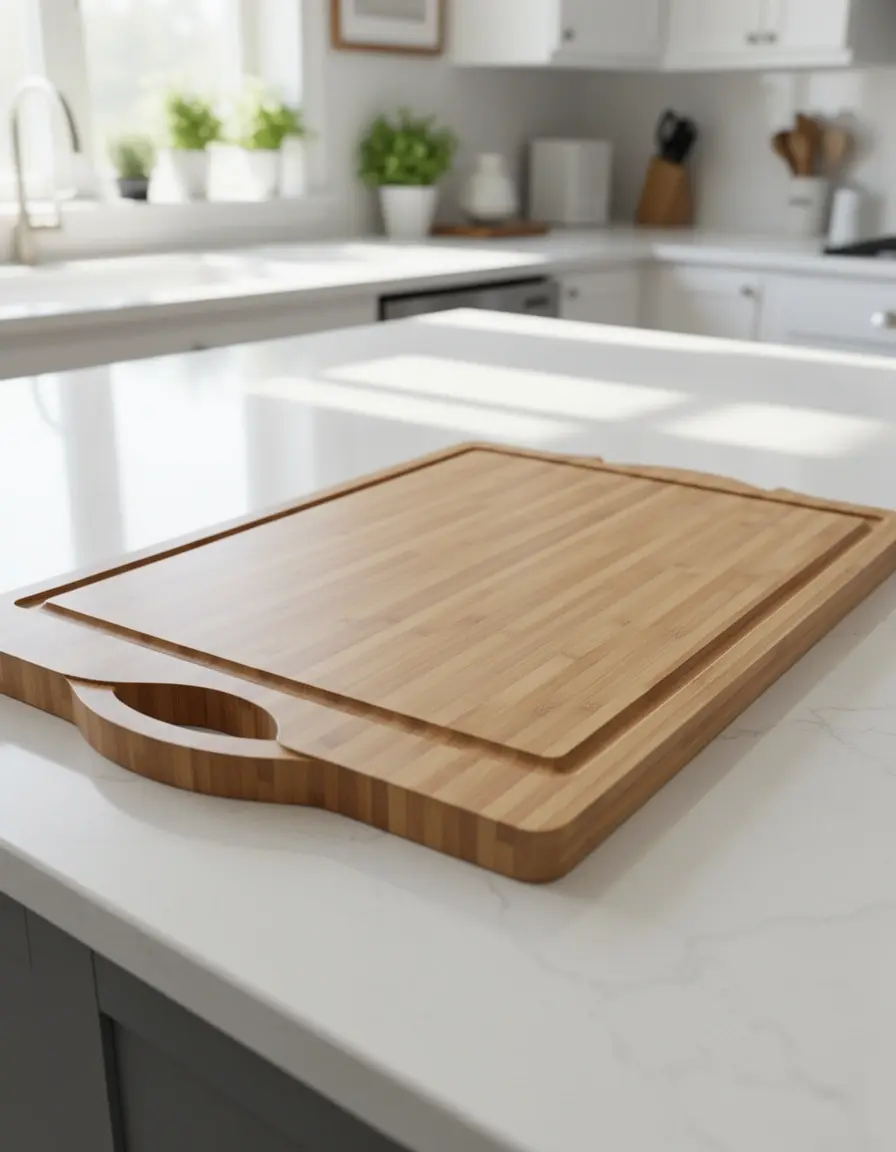 Tabla de cortar de bambú integrada en la encimera de la isla de cocina