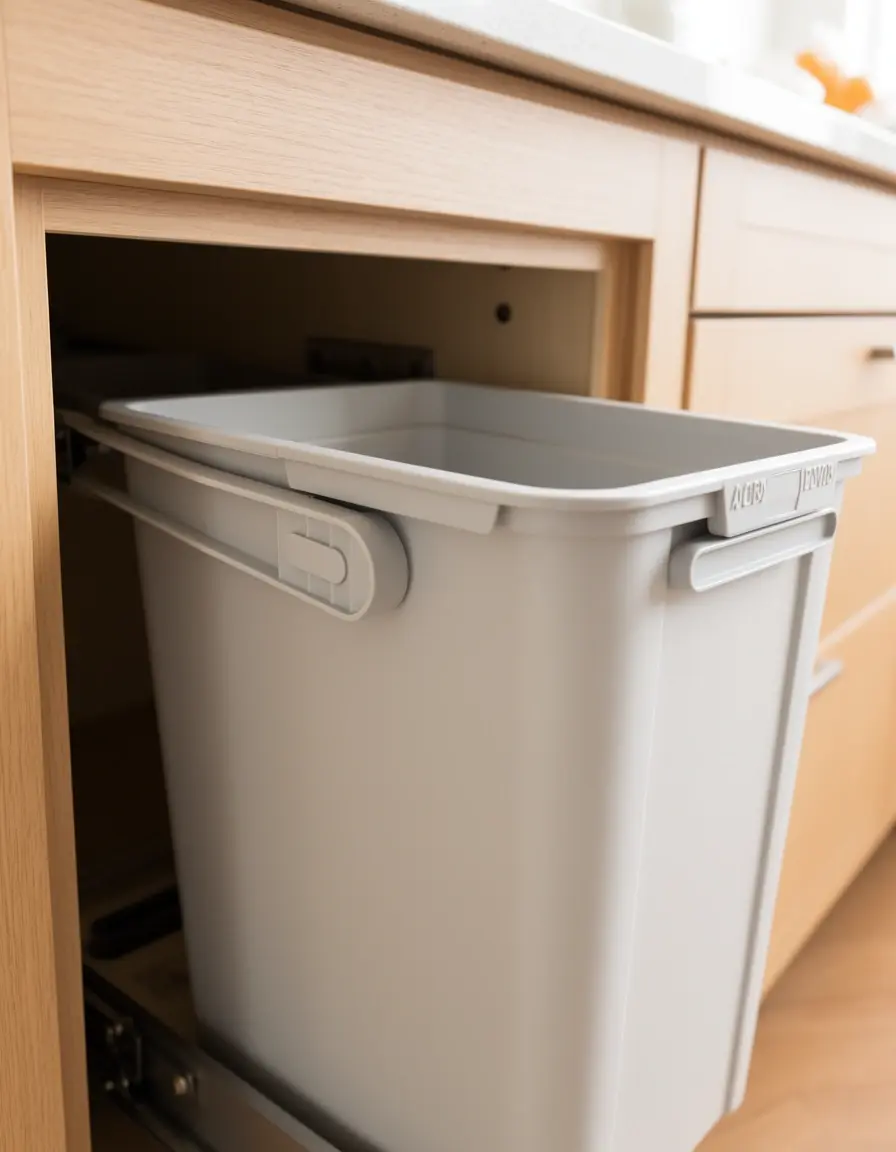 Cubo de basura extraíble instalado dentro del armario de la isla de cocina