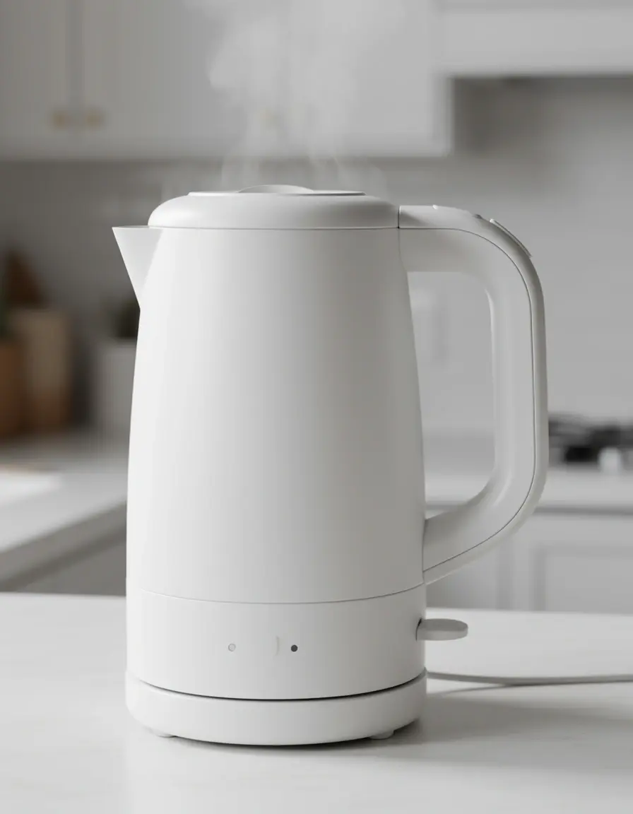 Hervidor eléctrico blanco mate hirviendo agua