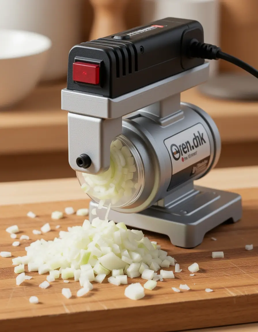 Mini picador eléctrico picando cebollas en cocina moderna pequeña