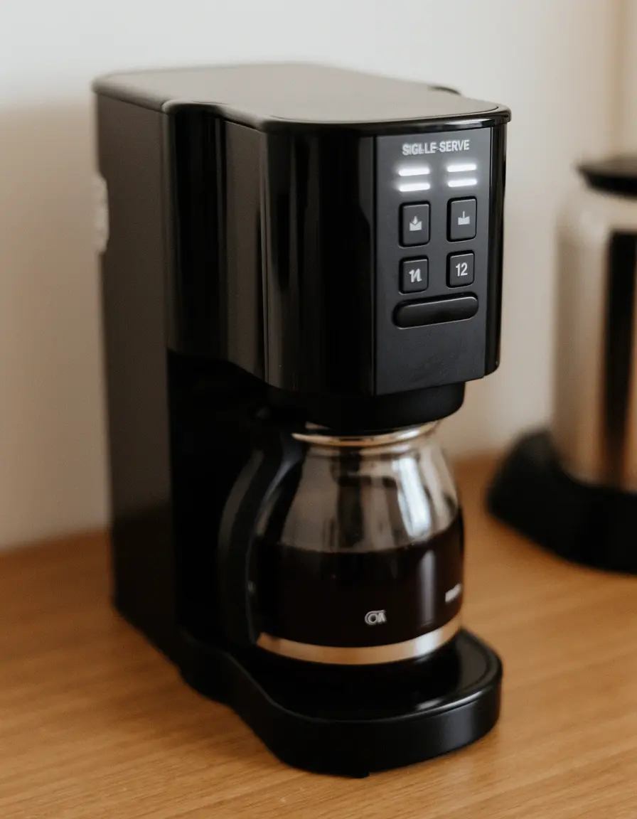 Cafetera compacta de una sola dosis en espacio pequeño