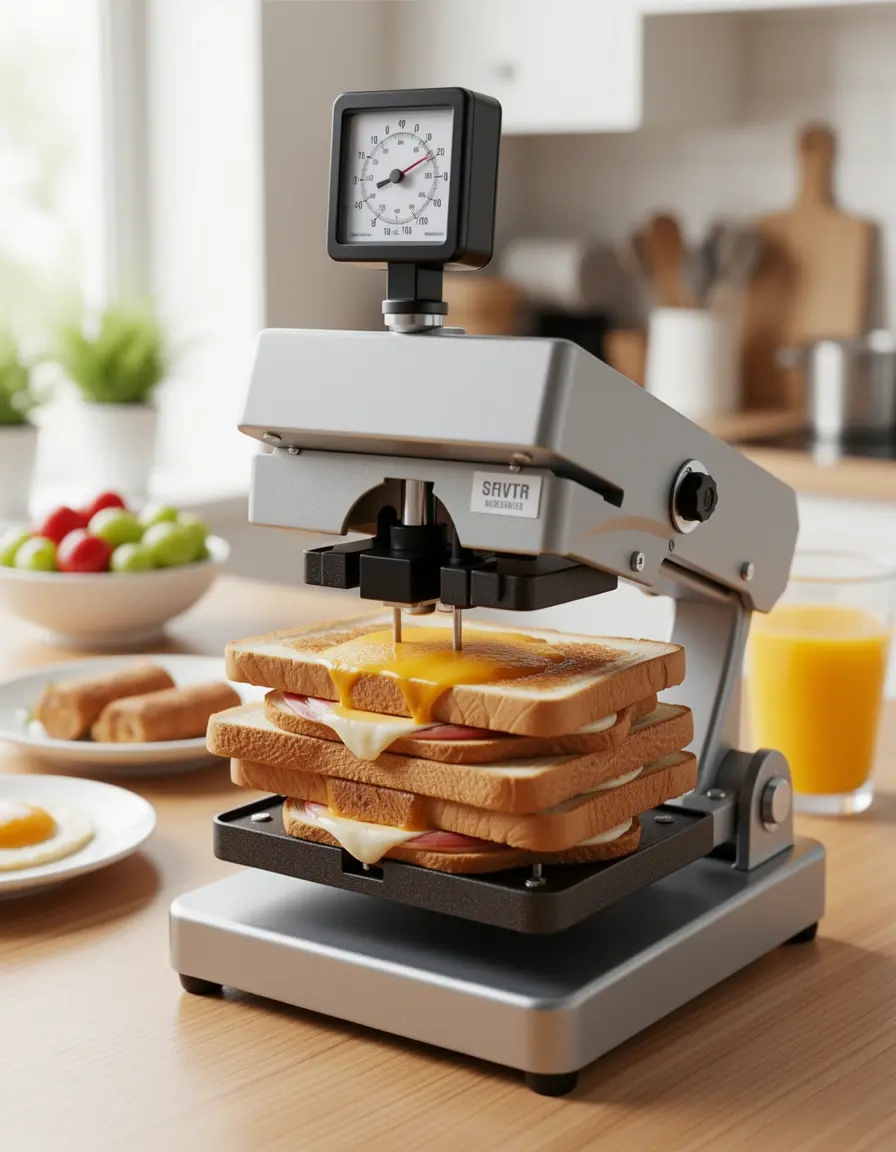 Prensa eléctrica preparando un sándwich de desayuno en un desayunador cocina