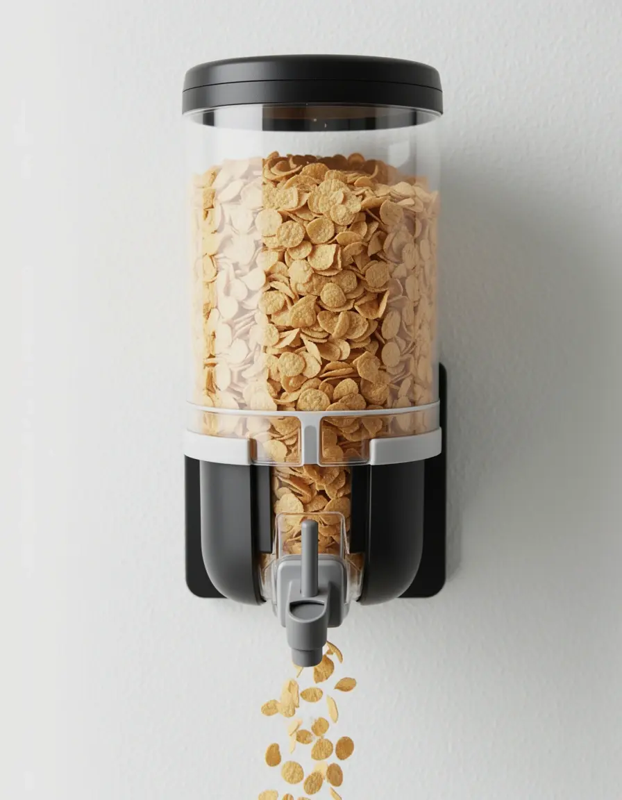 Dispensador de cereales de pared vertiendo hojuelas en un bol