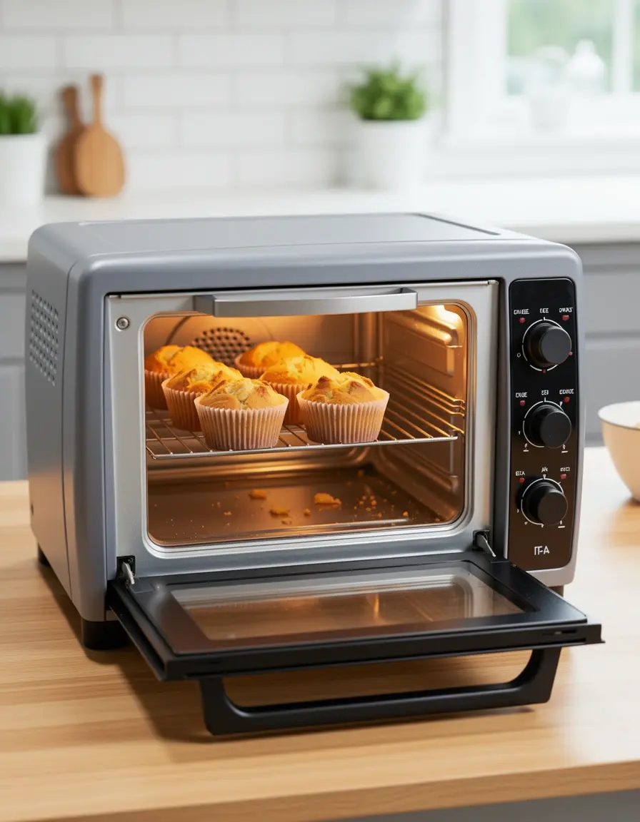 Horno tostador compacto horneando muffins recién hechos