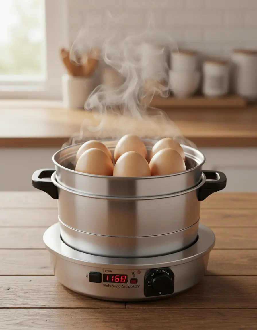 Hervidor de huevos eléctrico al vapor cocinando huevos perfectos