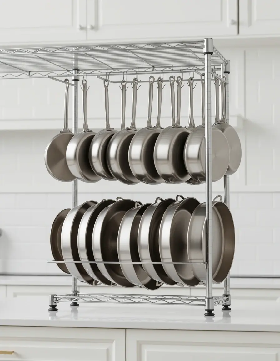Estanteria cocina de alambre ajustable con sartenes ordenadas