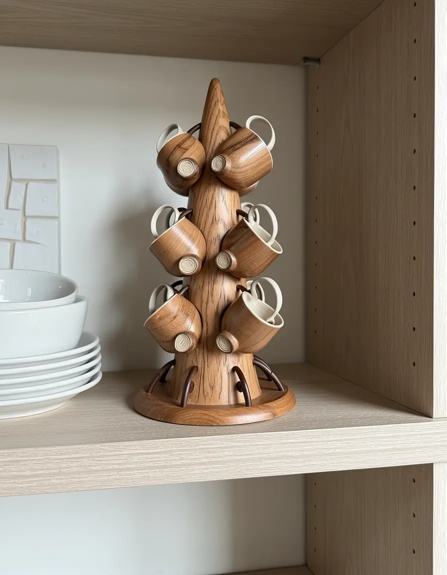 Soporte para tazas tipo árbol de madera en estante abierto