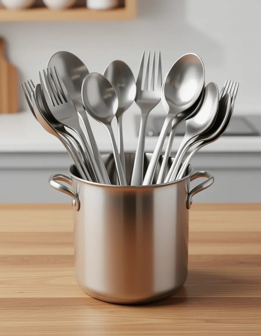 Set de utensilios de cocina de acero inoxidable de 10 piezas en un soporte cilíndrico