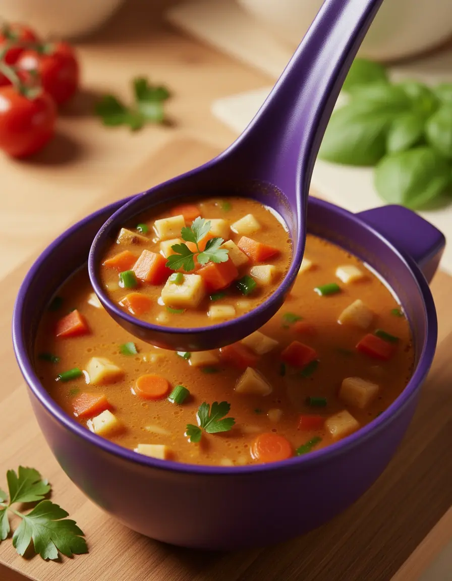 Cucharón de nylon profundo sirviendo una sopa de verduras caliente